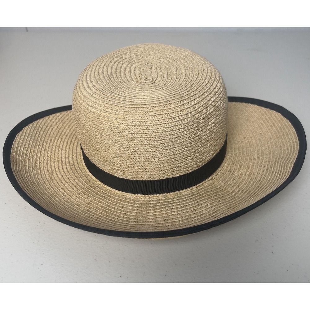 Sun Hat Womens One Size Beige Wide Brim‎ Black Trim Beach Summer Travel